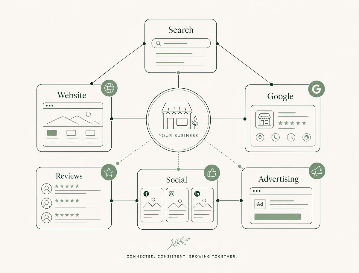 How a website, Google listing, search and advertising connect to bring in enquiries