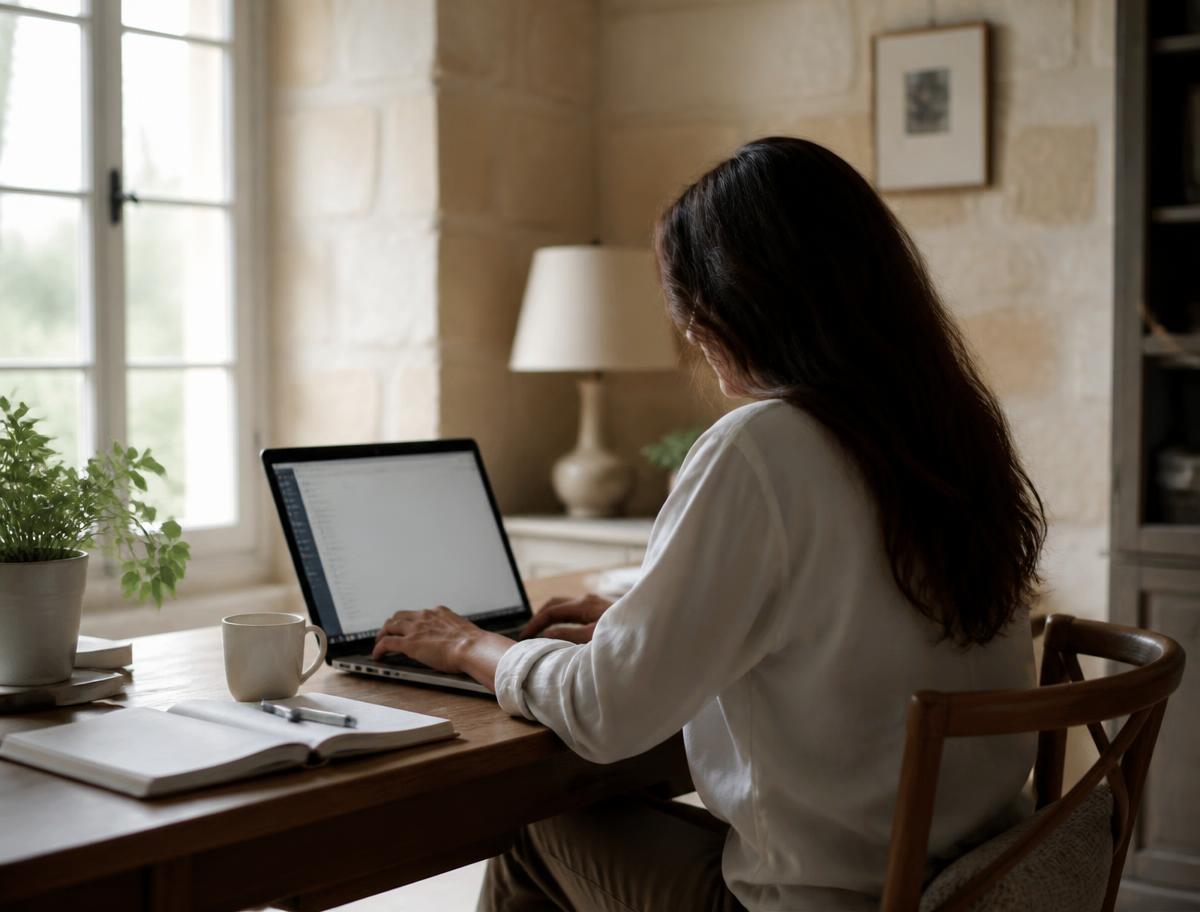 Chloe Yates, founder of Findwell, working with a laptop and notebook